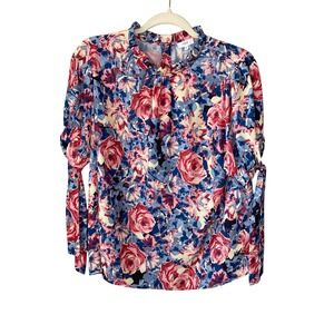 VOY Womens Blue Pink Floral Ruffle High Neck Tie Sleeve Blouse Medium
